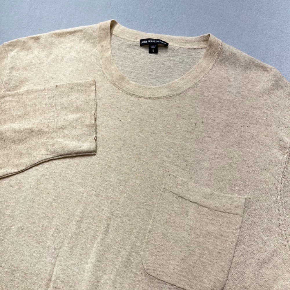 James Perse Men Long Sleeve Linen Crew Neck‎ Beige Oatmeal Pocket Sweater Size 5